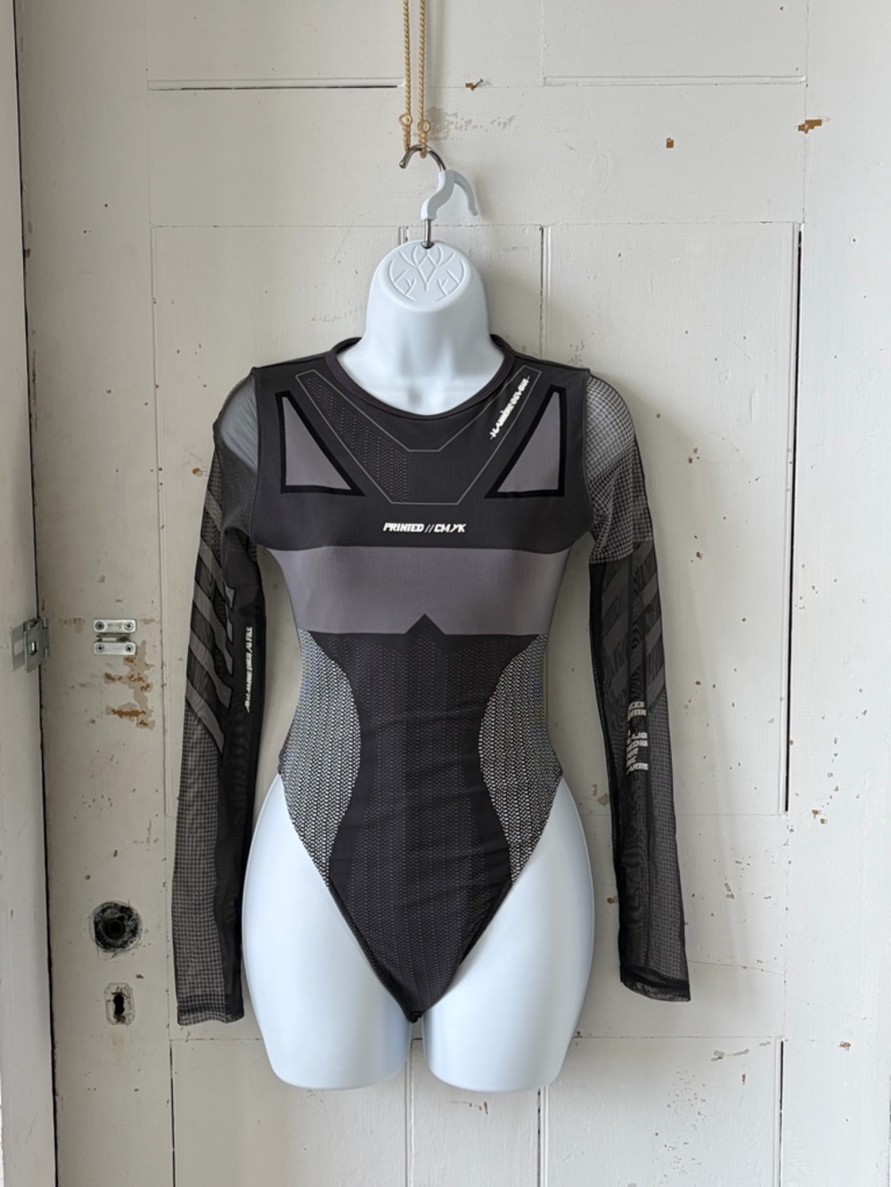 MANNER DE VOIR Black & Charcoal Mesh Logo Top Bodysuit 4